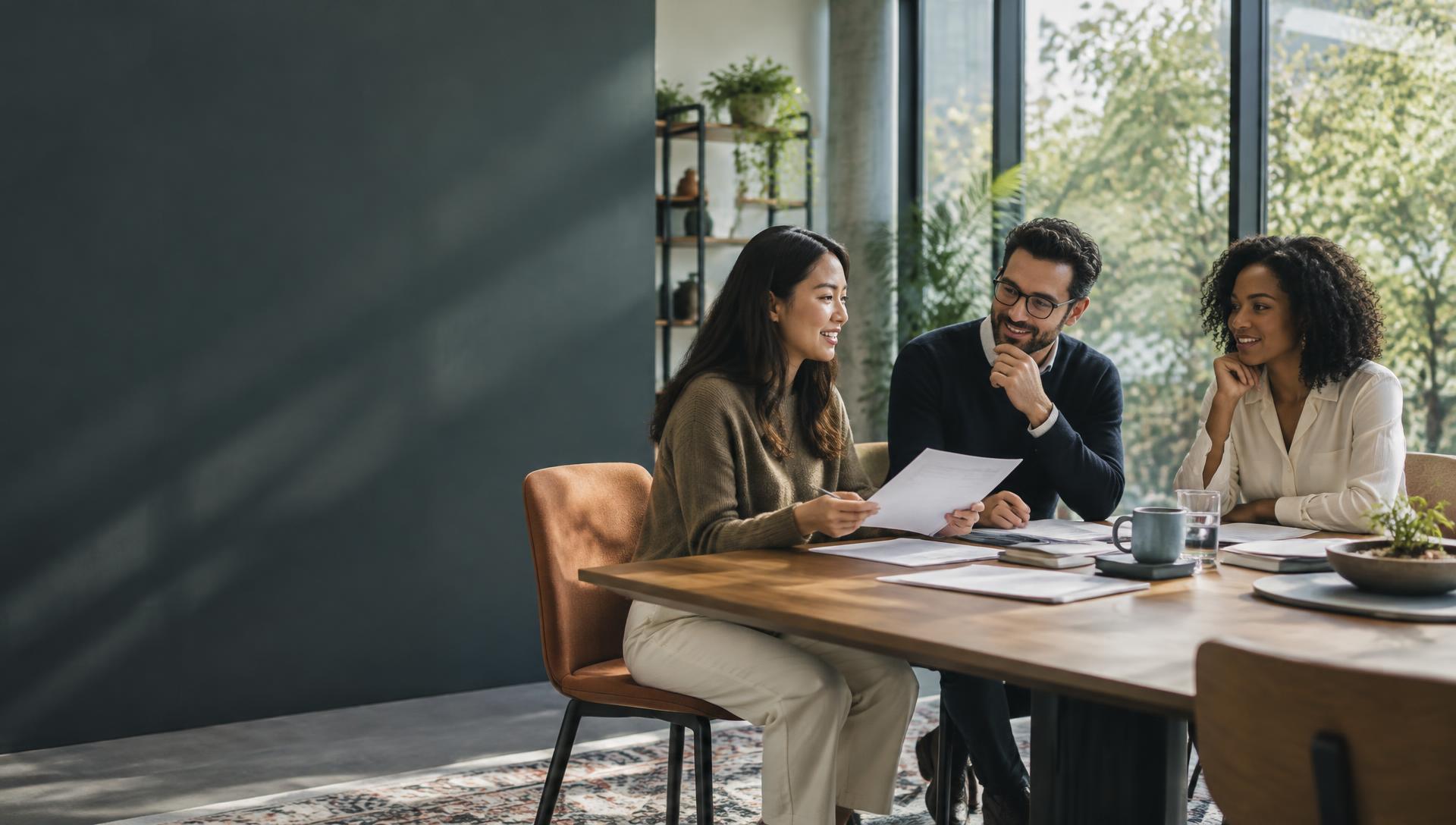 Hiring colleagues reviewing candidate documents together around a table